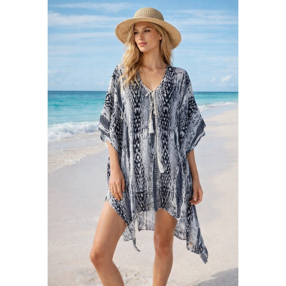 Parker Beach Kaftan Cover Up Womens XS/S Black White Good Ikat Snake Print Good